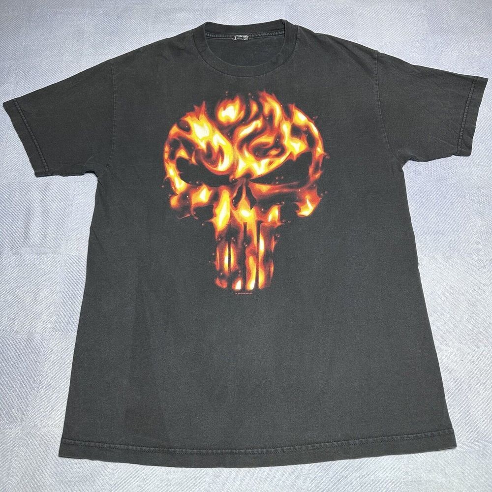 Vintage Punisher Flame Skull Y2K Mad Engine Marvel Faded Black T-Shirt Sz Large